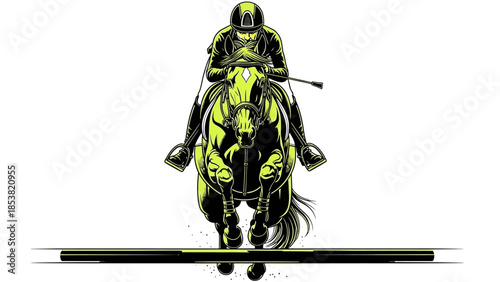 Equestrian athlete jumping with horse in motion