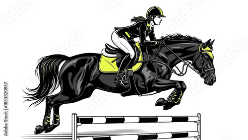Equestrian woman riding black horse over obstacle