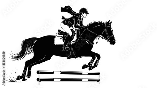 Equestrian action scene with rider jumping horse over obstacle