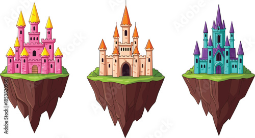 Vector set of three fantasy castles on floating islands with pink, tan, and blue colors isolated on a white background