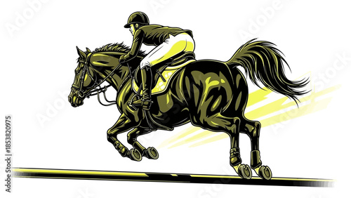 Equestrian athlete riding horse at full speed in dynamic jump