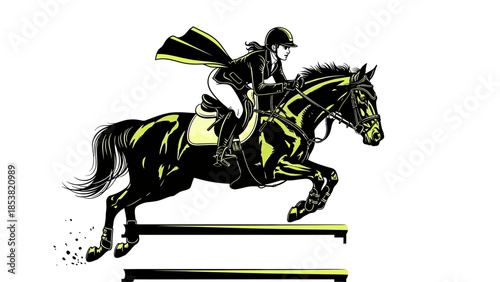 Equestrian athlete jumping horse over obstacle in competition