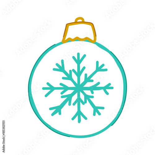 Christmas ornament featuring a stylized teal snowflake design, enclosed in a round, hand drawn outline with a gold hanger, symbolizing winter holidays and festive celebrations