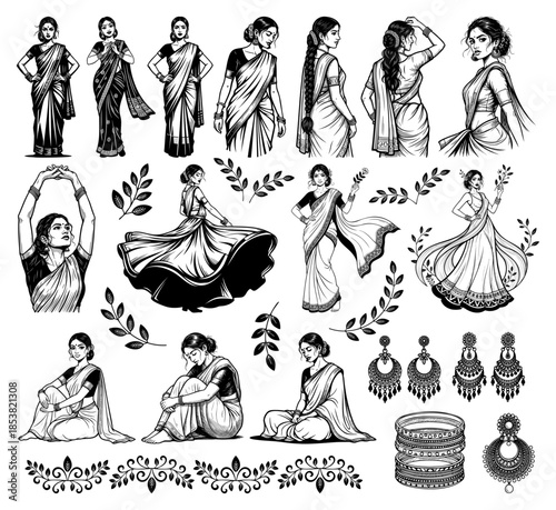  Comprehensive collection of traditional Indian women in sarees with ethnic jewelry and floral motifs in a black and white woodcut illustration style for cultural and fashion design.