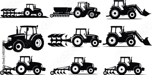 Tractor vector illustration set, black silhouette farm machinery with plow, loader, seeder, agricultural equipment for rural design, print, decor, education