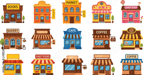 Vector set of various small shop storefronts including a bakery, bookstore, market, cafe, coffee shop, and fast food restaurant buildings.