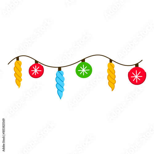 Holiday garland displaying festive red, green, yellow, and blue decorative elements, including round baubles with snowflakes and twisted icicle shapes, bringing seasonal cheer