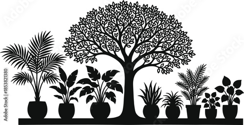Tree and potted plants silhouette vector illustration, indoor and outdoor botanical decor collection with tropical foliage, black nature design isolated