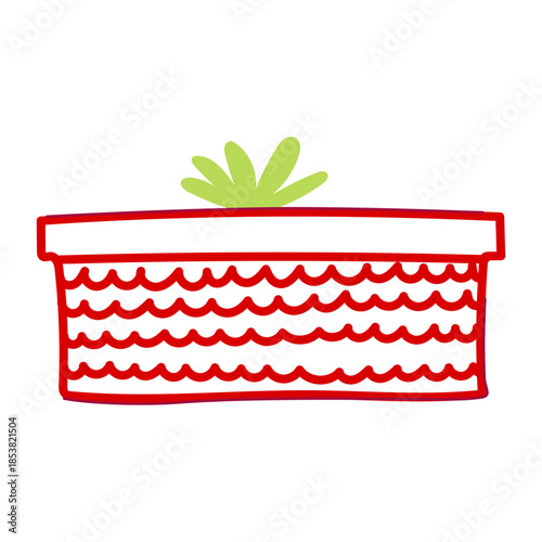 Red gift box with wavy line pattern and green ribbon detail, symbolizing joy, surprise, and the festive spirit of giving and receiving presents during seasonal celebrations