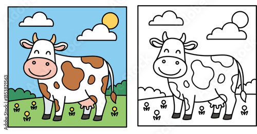 Cute cartoon cow coloring page with color reference. Vector illustration of happy farm animal in meadow for kids activity book.