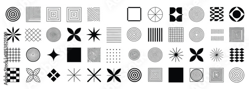 Modern geometric shapes and patterns in black and white for design