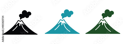 Volcanic eruption icons in black, blue, and green on white background