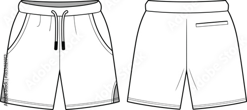 Flat vector athletic drawstring shorts technical drawing, front and back view, detailed CAD illustration for sportswear apparel design specification sheet