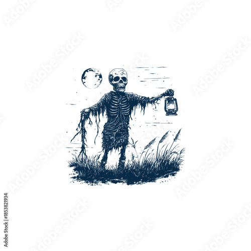 Vintage hand-drawn illustration of a skeleton dressed as a tattered scarecrow, standing in a wheat field and holding a glowing lantern