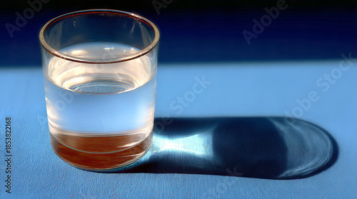 A plain, clear drinking glass, half-full, casting a crisp shadow, conveying immediate relief and the power of hydration. The glass is isolated on a bold, solid cobalt blue background.