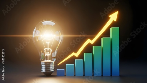 Financial growth strategy and creative business ideas. Innovation success and profit increase. Glowing lightbulb next to a rising bar graph showing successful investment goals