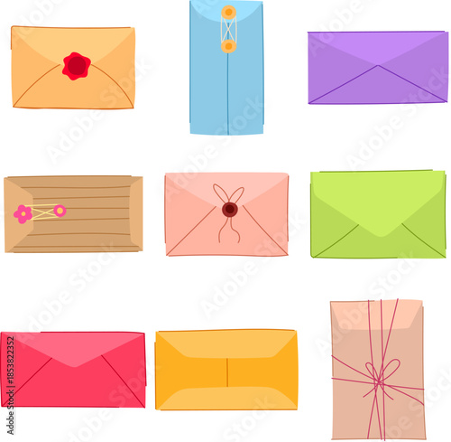 Various colorful closed envelopes showcasing different designs and sealing methods, communicating concepts of sending, receiving, and secure messaging