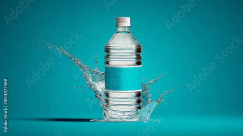 Plain, clear water bottle, prominently centered, with dynamic splashes of pure water erupting around it. Symbolizing vital process hydration. The object is isolated on a bright azure blue background.