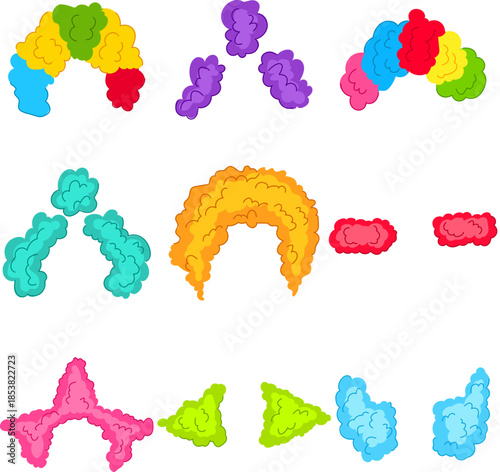 Collection of brightly colored curly clown wigs and hair elements featuring various shapes and sizes, representing fun, humor, and entertainment for party and costume design