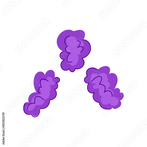 Purple fluffy abstract shapes representing parts of a playful clown wig, bringing a vibrant element of entertainment, carnival, or costume design on a clean white background