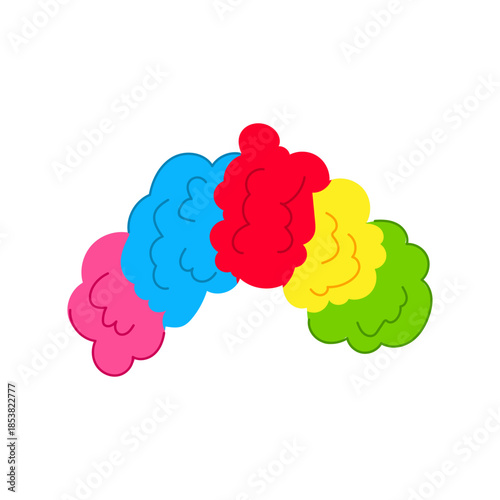 Colorful clown wig forming an arc of vibrant pink, blue, red, yellow, and green curls, representing themes of fun, entertainment, and celebration for various events