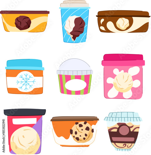 Different ice cream containers showcasing various flavors from classic vanilla to cookies and cream, ideal for concepts of frozen treats, dessert packaging, and sweet indulgences