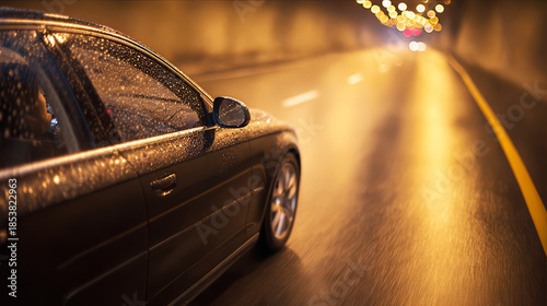 Black sedan drives through heavy rain on highway Its strong headlights illuminate wet road. Water droplets on the windshield and realistic reflections on the glossy paint. Modern transportation.