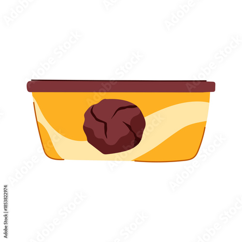 Rectangular dessert container flat illustration with chocolate swirl on yellow background, modern minimalist vector icon of a frozen treat or ice cream pint for packaging and branding