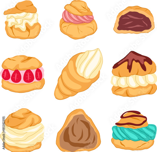 Assortment of delicious cream puffs, eclairs, and various choux pastry desserts, filled with cream, chocolate, and fruit, presented in an illustrative style