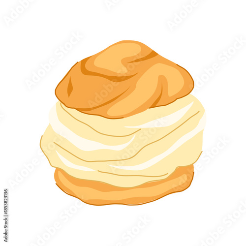 Cream puff displaying choux pastry filled with whipped cream or custard, representing concepts of pastry, bakery, dessert, and confectionery on a white isolated background