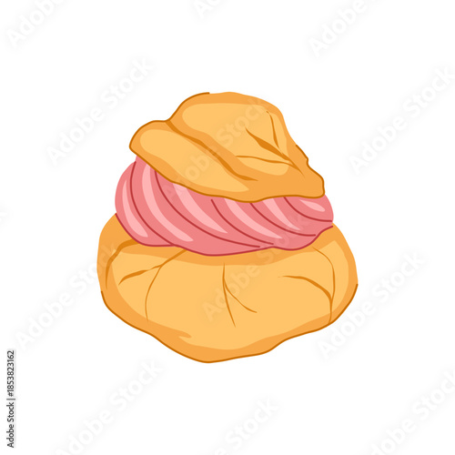 Cream puff displaying a pink filling, a delicious dessert perfect for bakeries, menus, or design elements promoting delightful sweet treats and patisserie