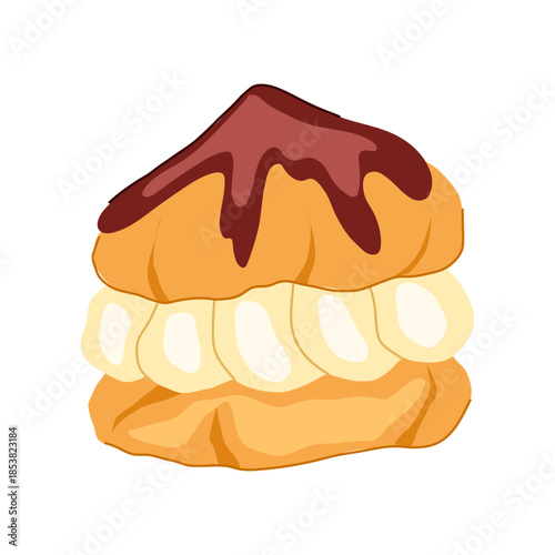 Cream puff dessert illustration, showing a light choux pastry filled with sweet cream and topped with rich melting chocolate, presenting a delightful indulgence
