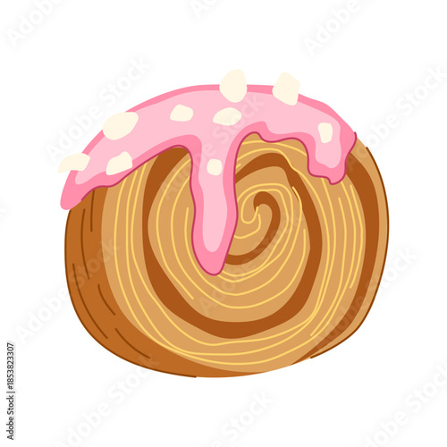 Cromboloni cake illustration featuring a spiral pastry base, topped with flowing pink icing and decorative white sprinkles, representing a sweet and trendy dessert