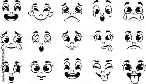 Cartoon face with facial expressions, funny retro cartoon character face drawing set, vintage emotional face, old style funny eyes and mouth, expression graphic, mascot gesture sticker