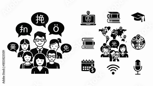 Diverse Group of People Communicating in Different Languages with Global Connection Icons.