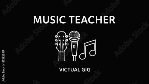 Music Teacher Virtual Gig with Guitar Microphone and Music Note Icons.