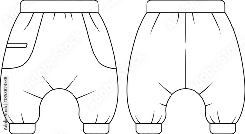 Infant Baby Harem Pants Technical Flat Fashion Sketch, Toddler Bloomer Trousers CAD Drawing, Kids Apparel Design Vector Illustration, Bottoms Template Outline