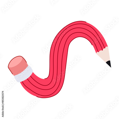 Red pencil bending into an s shape, symbolizing innovation, unique approaches, and creative flexibility in education, design, and problem solving processes on a white background