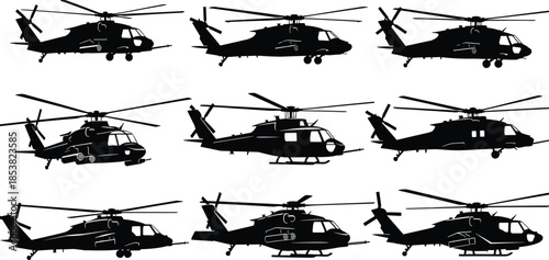 Collection of military helicopter silhouettes featuring various transport and attack aircraft models for aviation, defense, rescue, and tactical industrial designs.