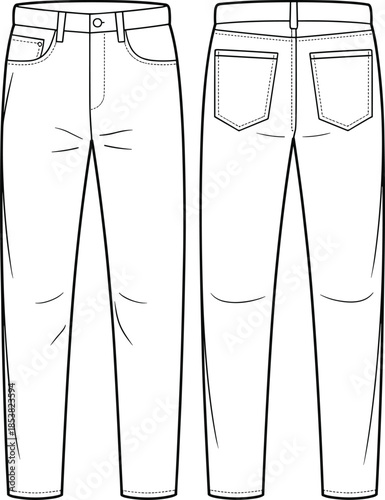 Jeans technical sketch, denim trousers outline, fashion flat drawing, apparel design vector, garment construction illustration, clothing cad sketch, cad drawing flat vector illustration