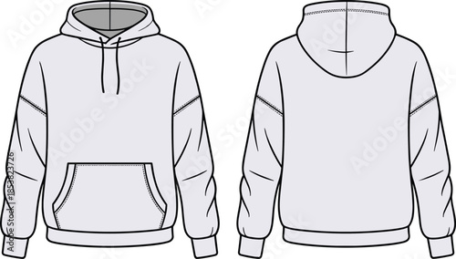 Men hoodie front and back view technical flat sketch with drawstring pocket apparel template isolated white background cad drawing vector illustration