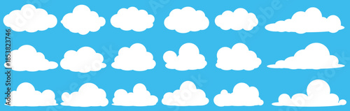 set of vector illustrations of clumpy clouds, cloud bubbles in flat style on a blue background	
