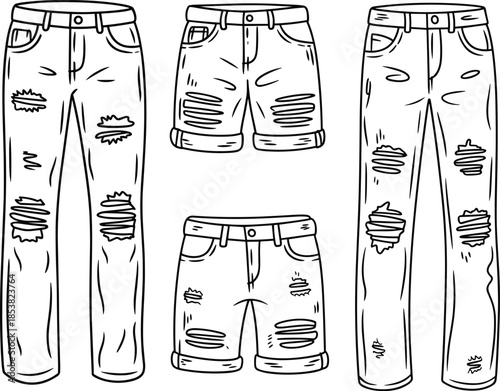 Ripped denim jeans and shorts flat sketch collection, distressed casual fashion pants technical CAD drawing vector illustration