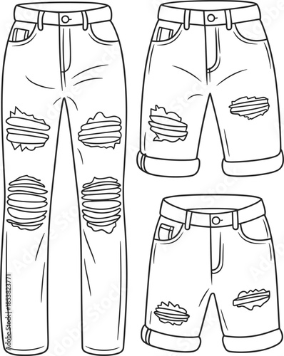 Ripped denim jeans and shorts technical flat sketch set, distressed casual fashion pants CAD drawing vector illustration