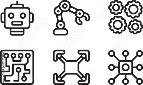 Robotics and technology icons robot arm circuit board drone gears isolated
