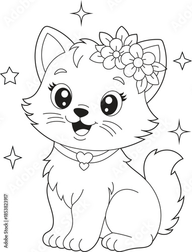 Cute kitten character wearing a flower crown and a heart collar coloring page for girls. Stress relief coloring sheets for kids and adults.