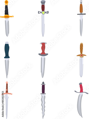 Nine daggers illustration presenting different medieval and fantasy weapon designs with distinct hilts, guards, and sharp blades for ancient and historical concepts on a white background