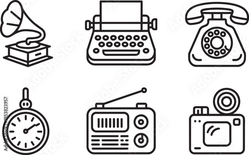 Set of vintage communication devices and historical objects on a transparent background