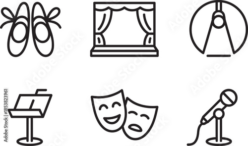 Set of performing arts and theatrical elements on a transparent background