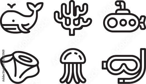 Underwater life icons whale coral submarine shell jellyfish goggles isolated